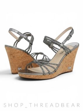 EUC [Michael Kors] Braided < Palm Beach > Silver Strappy Cork Wedge Sandals | 7